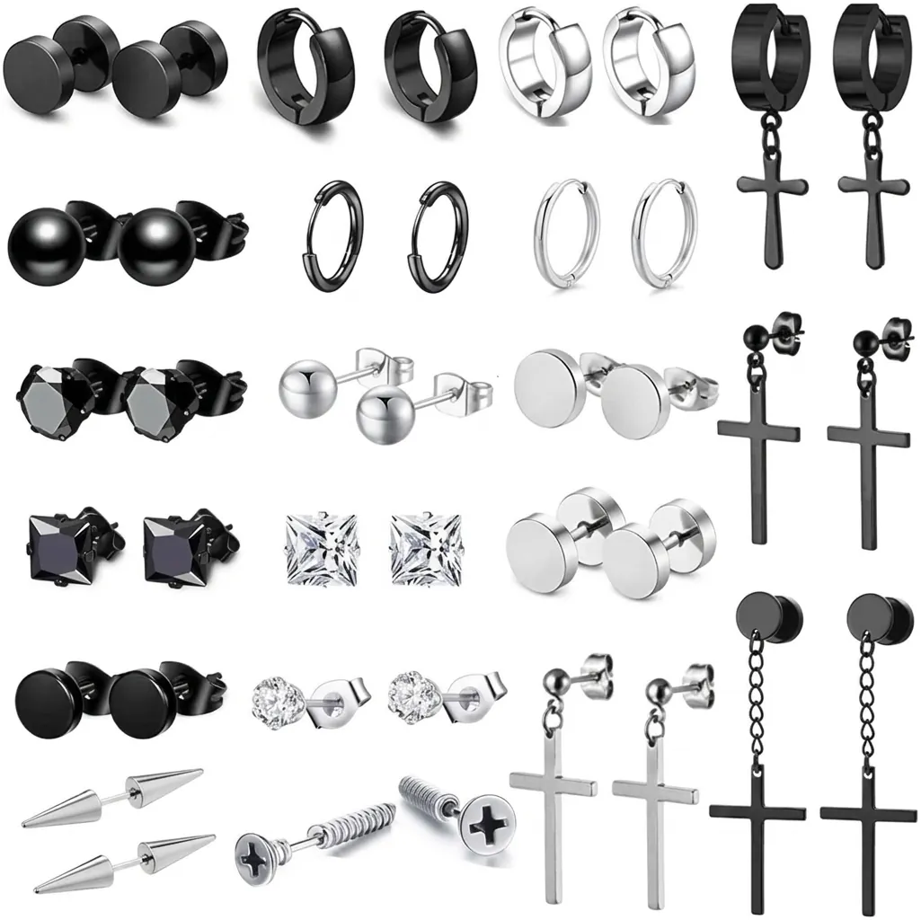 Stainless Steel Rhinestone Stud Hoop Earrings For Men Women Unisex Punk Gothic Black Silver Geometric Piercing Jewelry