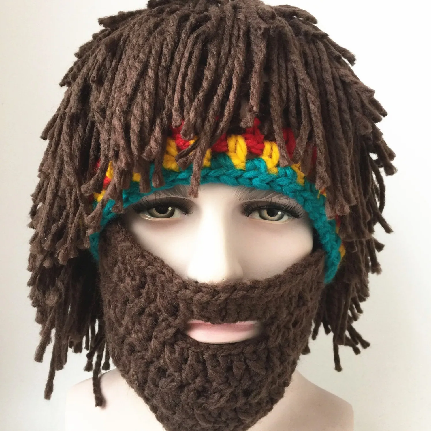Handmade Yarn Knitted Rasta Dreadlocks Beanie With Beard Warm Funny Novelty Wig Halloween Party Winter Costume For Adult