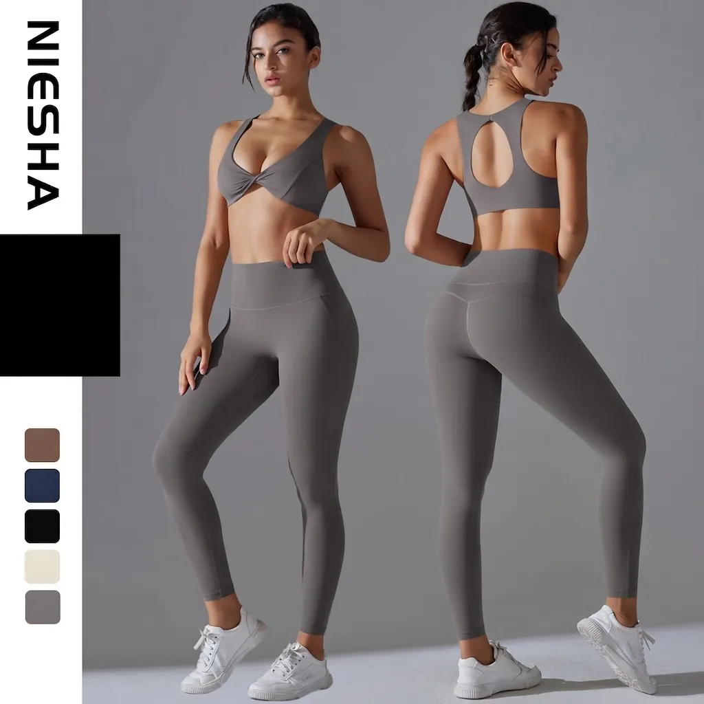 Completo Yoga Donna Top e Pantaloni a Vita Alta Effetto Push-up Leggings Reggiseno Sportivo Twist Fitness Gym Activewear