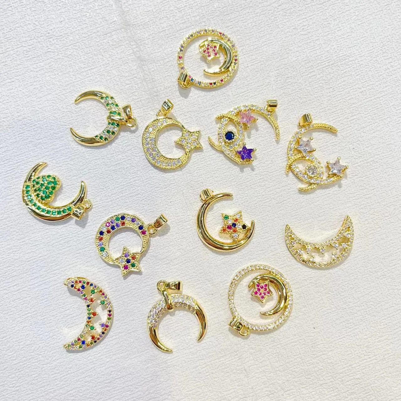 Celestial Moon Star Pendant Copper Gold Plated Colorful Cubic Zirconia Micro Pave DIY Jewelry Finding