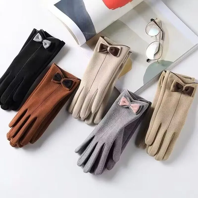 Women Winter Warm Gloves Thickened Fleece Lined Touchscreen Windproof Bowknot Decor Driving Outdoor