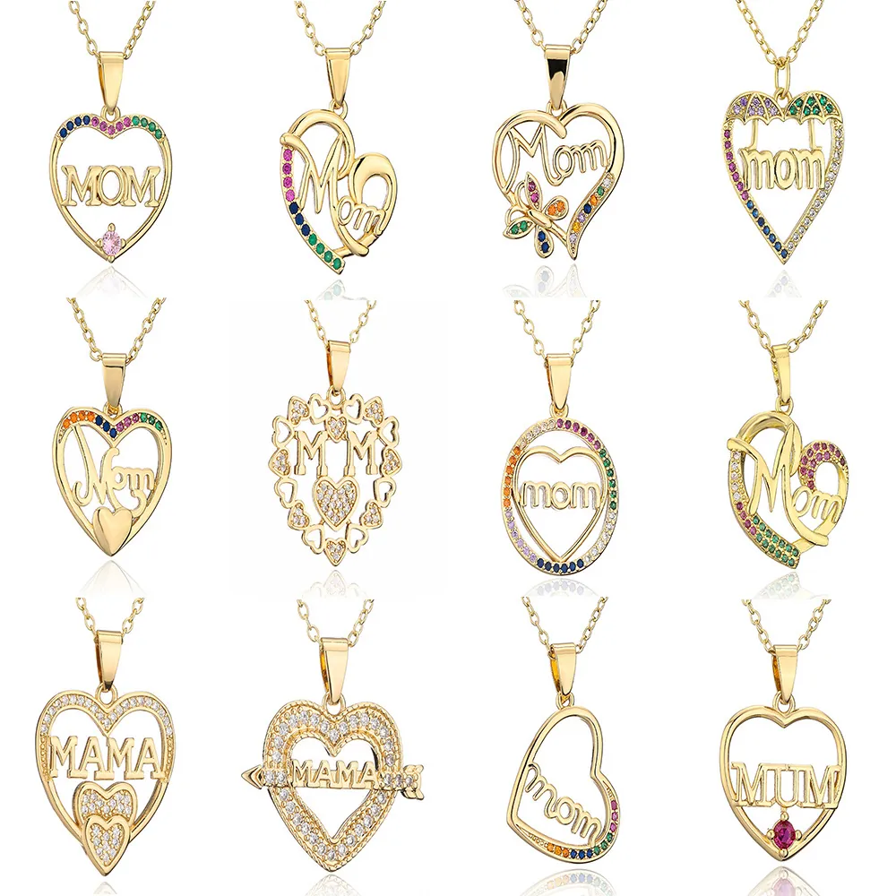 Heart Pendant Necklace Gold Plated Copper Mom Mama Letter Colorful Cubic Zirconia Jewelry Gift For Women Mother
