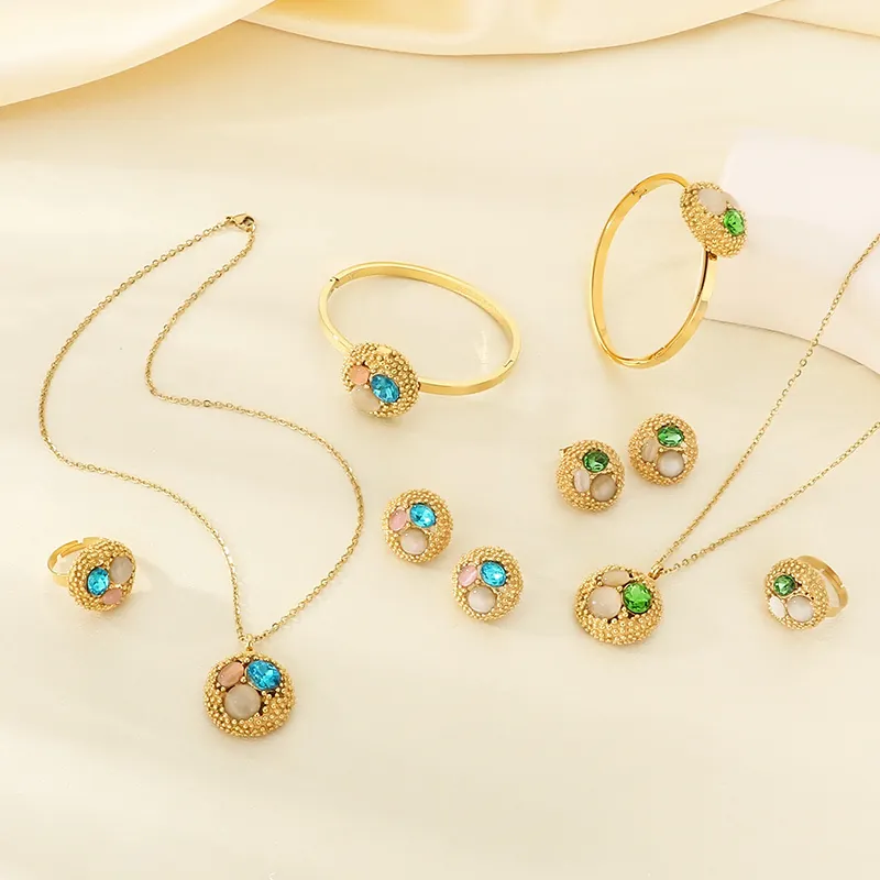 Eleganti Gioielli In Acciaio Inossidabile Placcato Oro Collana Bracciale Anello Orecchini Con Zirconi E Pietre Preziose Donna