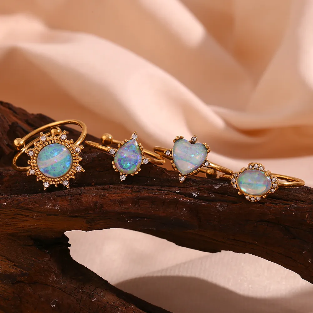 Stainless Steel Adjustable Rings For Women Gold Plated Synthetic Opal Heart Sun Waterdrop Open Ring Rhinestone Jewelry