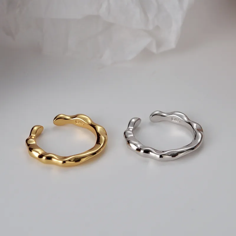 925 Sterling Silver Open Ring For Women Irregular Concave-Convex Surface Wave Pattern Adjustable Finger Ring Korean Jewelry