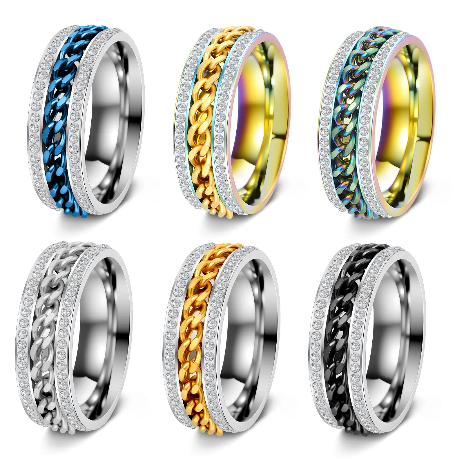Bague Chaîne Cubaine Rotative Acier Inoxydable 304 Double Rangée Strass Fidget Spinner Pour Hommes Femmes Hip Hop