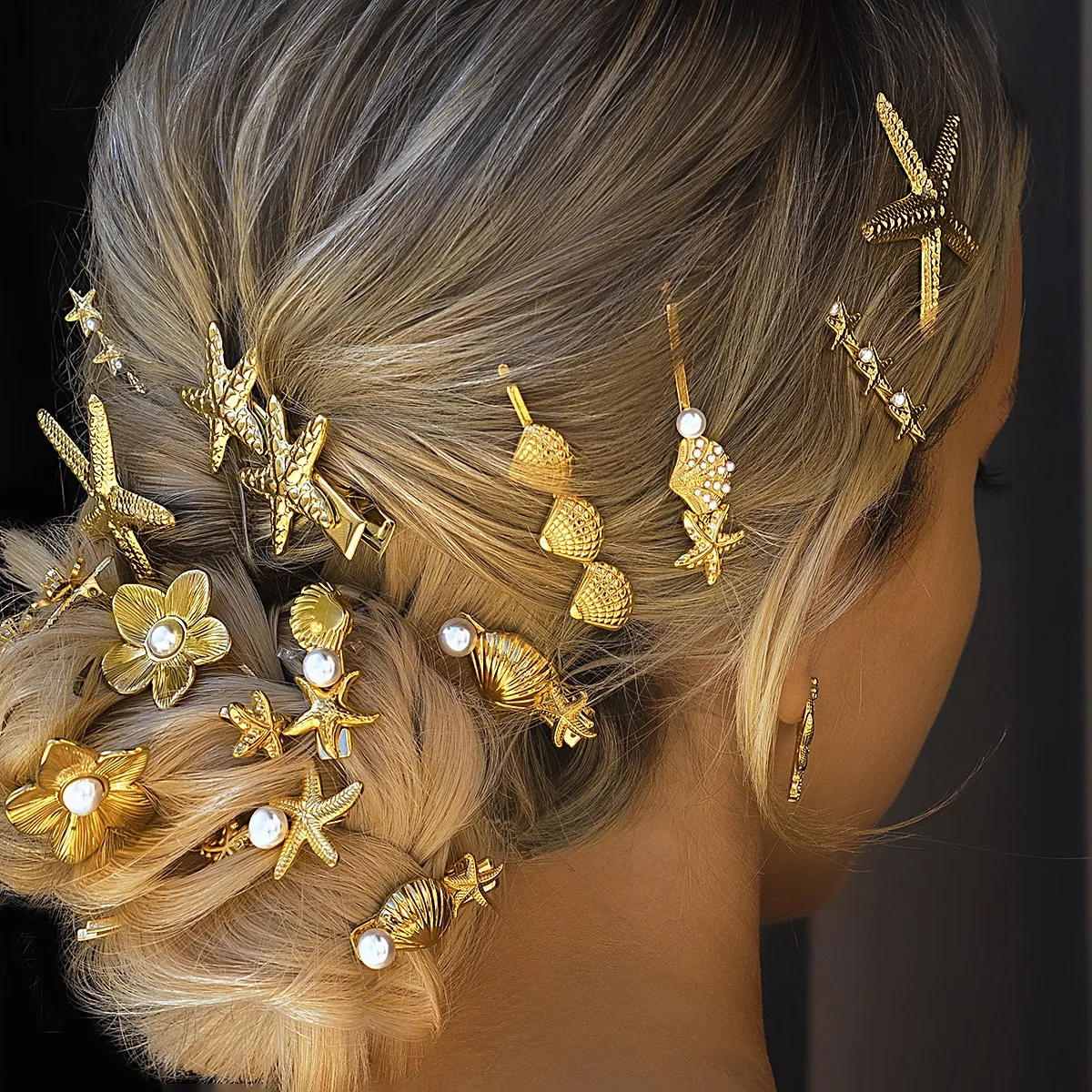 Ocean Starfish Shell Hair Clips Gold Alloy Faux Artificial Pearl Rhinestone Bobby Pins Combs Boho Wedding Bridal Accessories For Women
