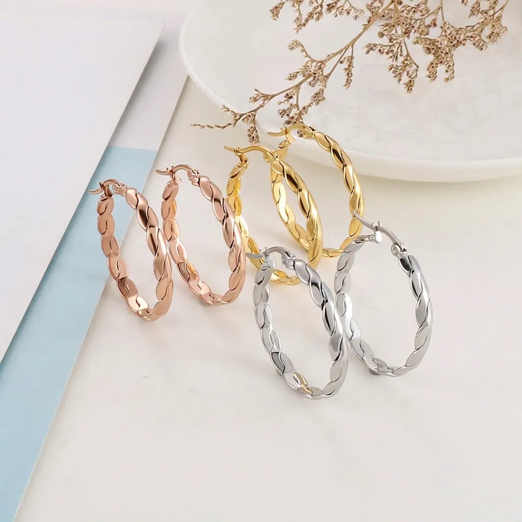 Boucles Oreilles Créoles Motif Corde Torsadée Pour Femmes Acier Inoxydable Minimaliste Élégant Texture Spirale Bijoux