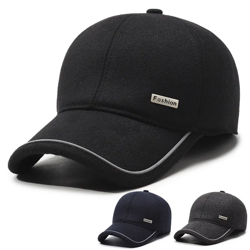 Men Winter Baseball Cap Warm Fleece Lined With Foldable Earflaps Woolen Peaked Hat Adjustable Metal Buckle Reflective Edge