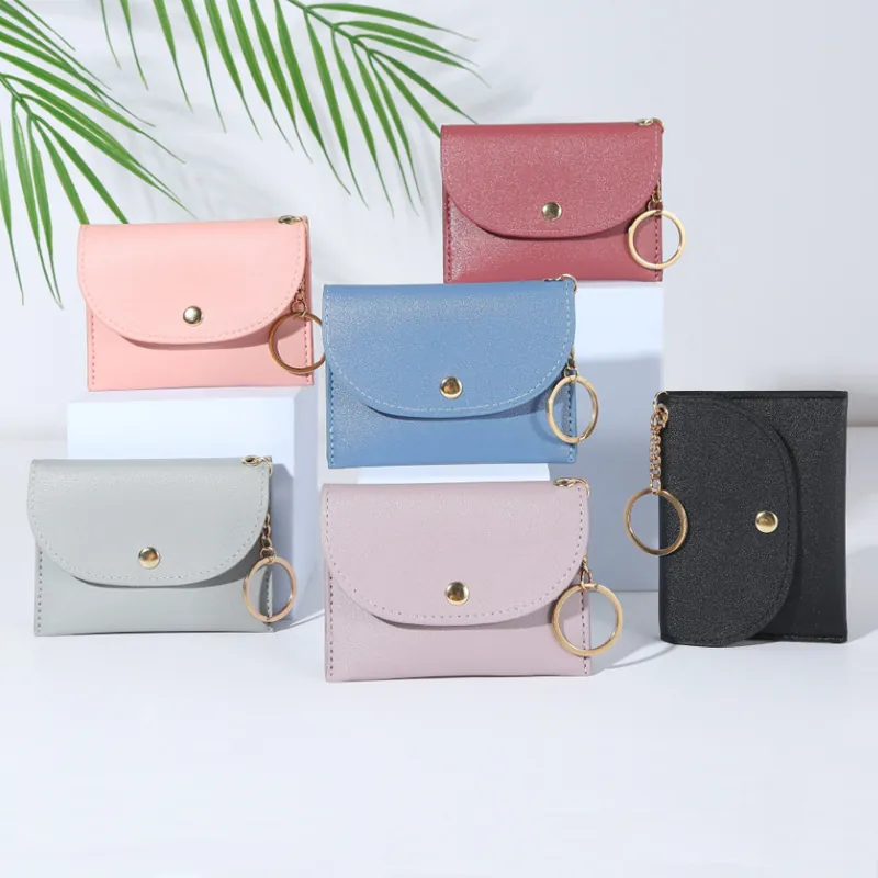 Mini Portefeuille Porte-Cartes Femme Cuir PU Style Enveloppe Avec Porte-Clés Bouton Pression Doré Poche Zippée Minimaliste