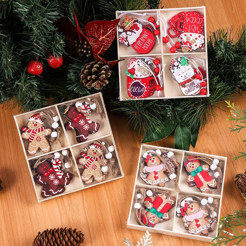 Christmas Tree Hanging Ornaments Wooden Gingerbread Man And Hot Cocoa Cup Figures Decorative Holiday Charms With Lanyards