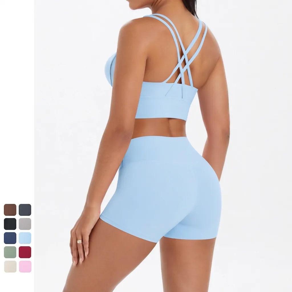 Ensemble de Fitness Femme Top And Bottom Dos Croisé Soutien-Gorge de Sport Short de Gym Taille Haute sans Couture Yoga