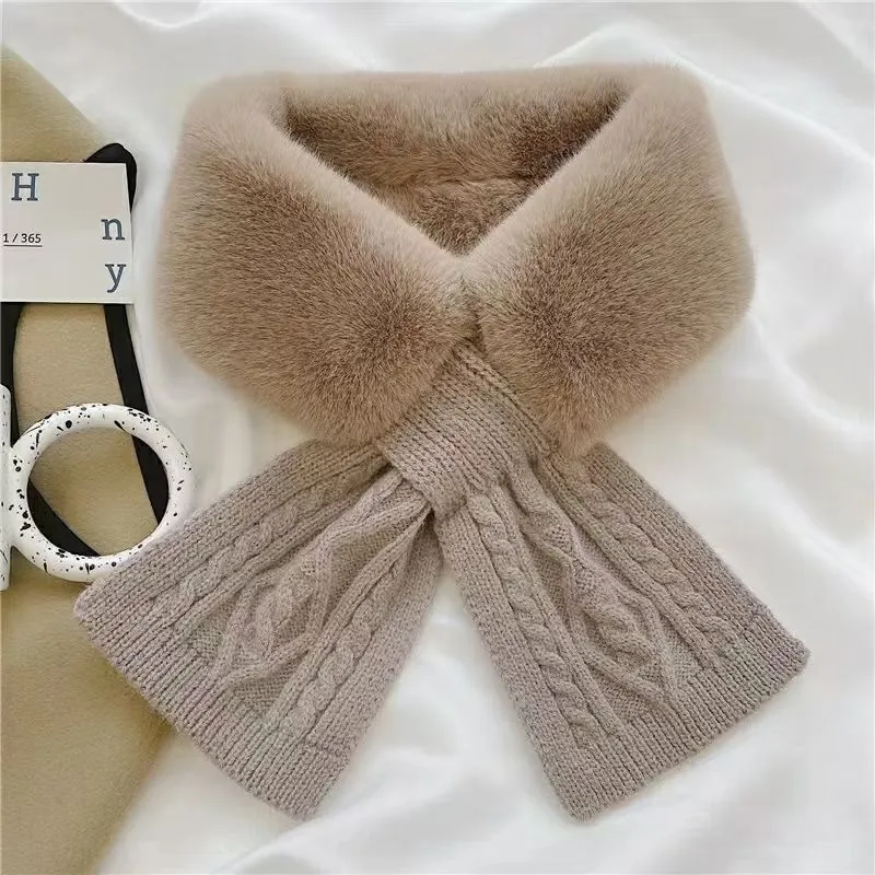 Winter Neck Warmer Spliced Faux Fur And Cable Knit Scarf Thick Warm Windproof Korean Fashion Cross Style For Women