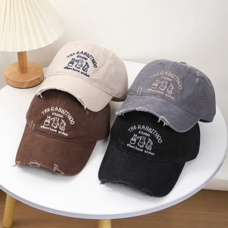 Washed Cotton Baseball Cap Distressed Damaged Vintage Style Rabbit Embroidery Adjustable Sun Protection Hat For Women