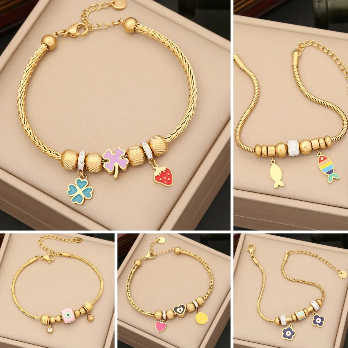 Edelstahl Emaille Herz Teufelsauge Armband Trendiger Bunter Zirkon Tropföl Verstellbare Kette Schmuck Für Damen