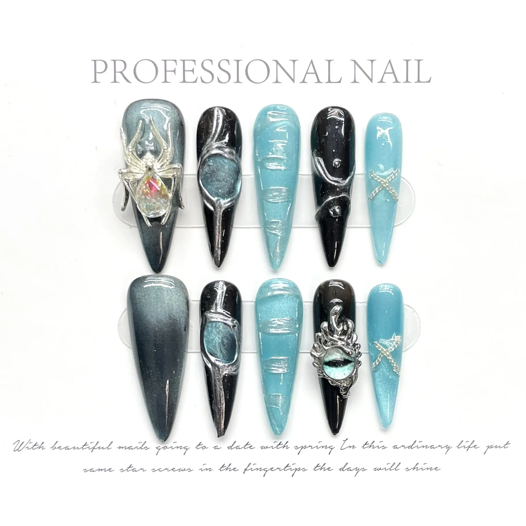 Handmade Gothic Black Cat Eye Press On Nails Long Stiletto Spider 3D Charm Y2K Cyberpunk Aesthetic Fake Nails Decoration
