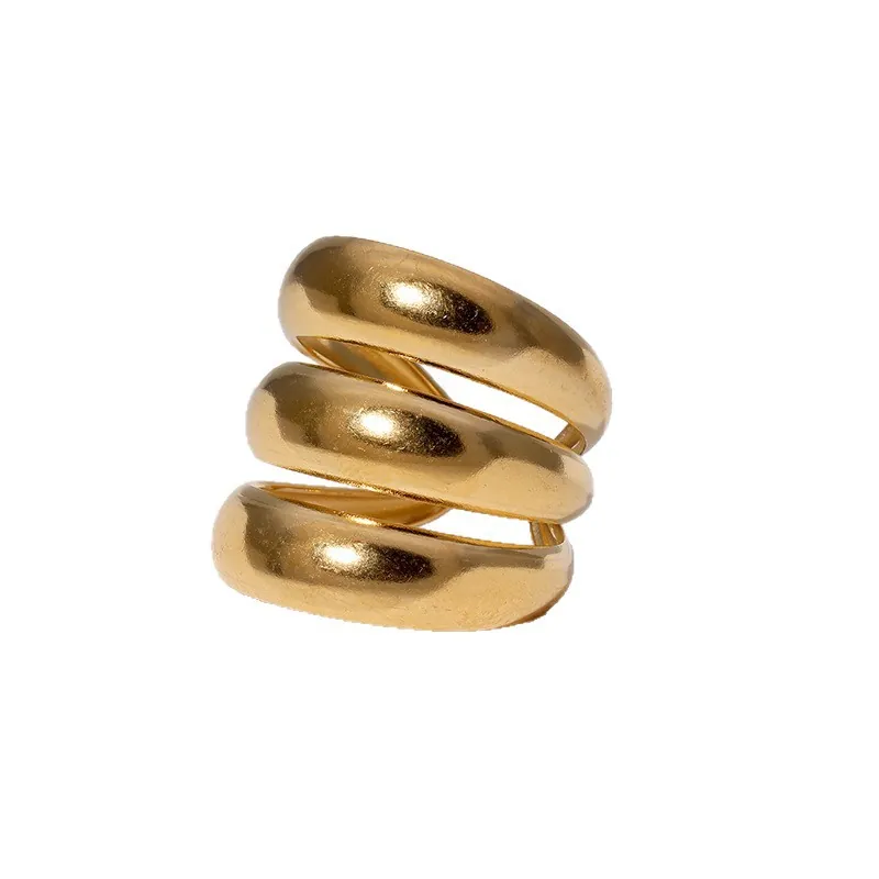 Adjustable Open Ring 304 Stainless Steel 18K Gold Plated Triple Layered Spiral Thick Wide Band Vintage French Style Jewelry