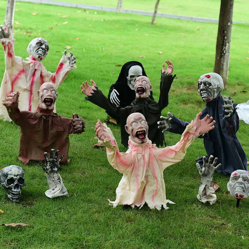 Halloween Ground Stakes Animatronic Swinging Ghost Zombie With Glowing Eyes Sound Activated Plastic Fabric Outdoor Decor