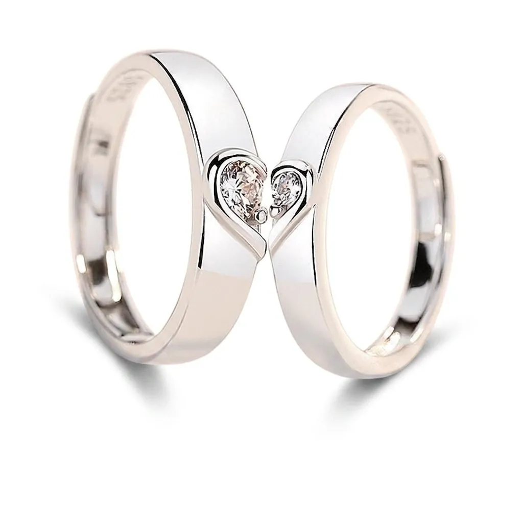 Heart Puzzle Matching Couple Rings Copper Adjustable Open Band Zircon Romantic Jewelry Gift For Lovers