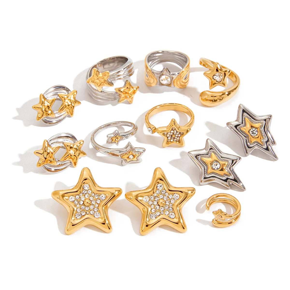 Bijoux Étoile En Acier Inoxydable Pour Femmes Plaqué Or 18K Imperméable Hypoallergénique Zircone Bagues Boucles D'oreilles
