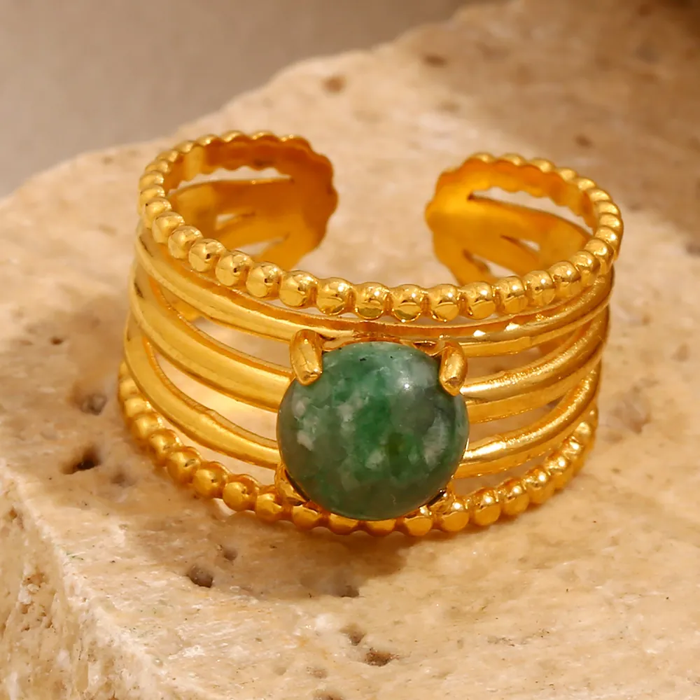French Retro Multi Layer Ring Stainless Steel 18K Gold Plated Green Gemstone Adjustable Open Jewelry For Women Gift
