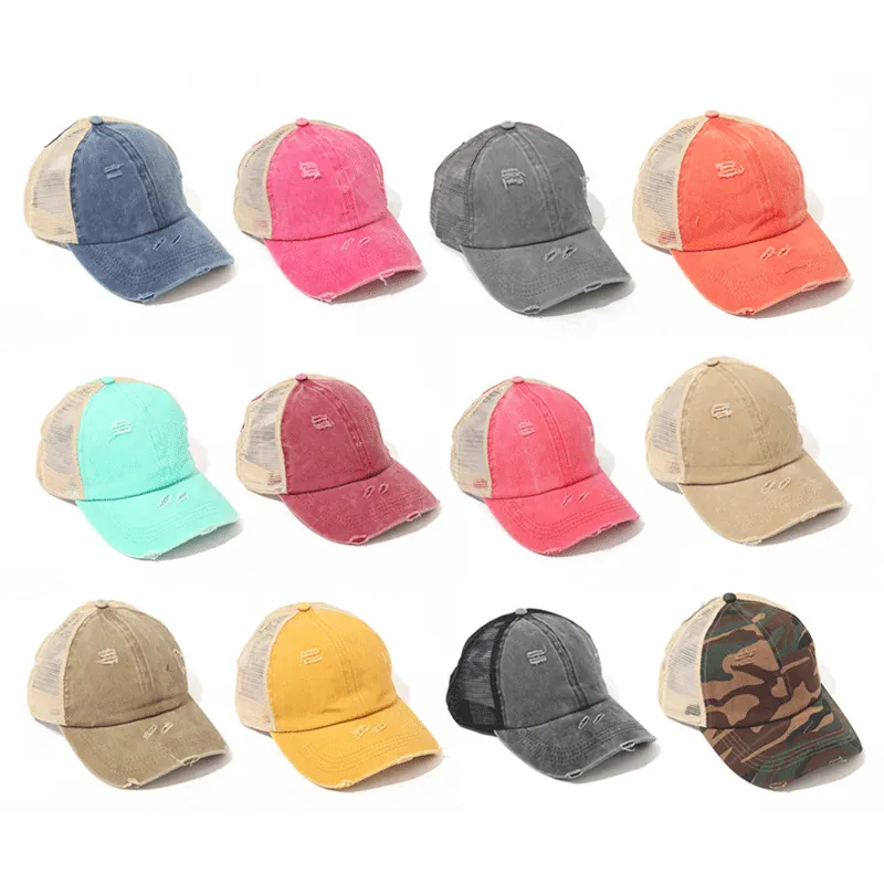 Distressed Ponytail Baseball Cap Vintage Cotton Mesh Trucker Hat Breathable Criss Cross High Bun Sun Shade Outdoor Women