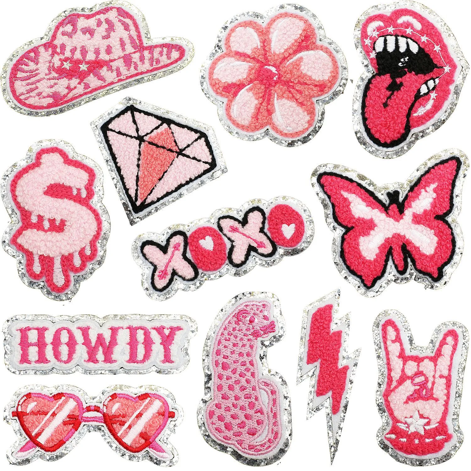 Pink Chenille Embroidery Patches Glitter Sequin Sew On Iron On Appliques For Clothes Bags Hats DIY Accessories