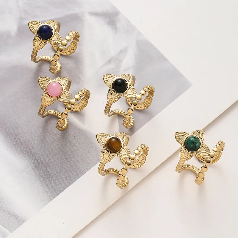 Vintage Flower Stainless Steel Open Ring For Women Gold Plated Double Layer Beaded Band Adjustable Colorful Stone Inlaid