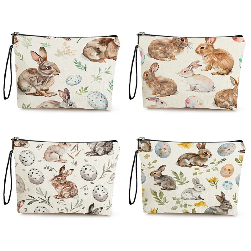 Easter Rabbit Egg Print Linen Makeup Bag Zipper Cosmetic Pouch Portable Travel Toiletries Storage Case Stationery Bag