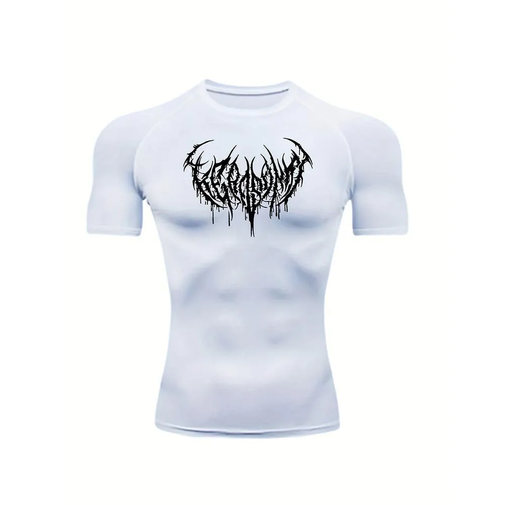 Men Compression T-Shirt Quick Dry High Elasticity Fitness Gym Training Short Sleeve Gothic Art Print Crew Neck Tops
