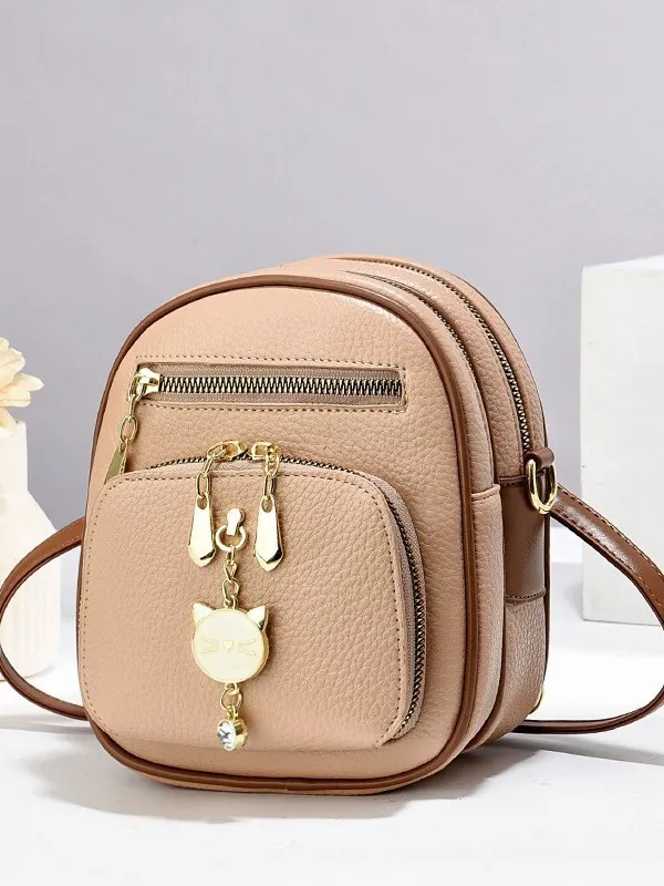 Mini Backpack PU Leather Litchi Grain Multi Zipper Crossbody Shoulder Bag With Cat Pendant Fashion Casual Women Girls