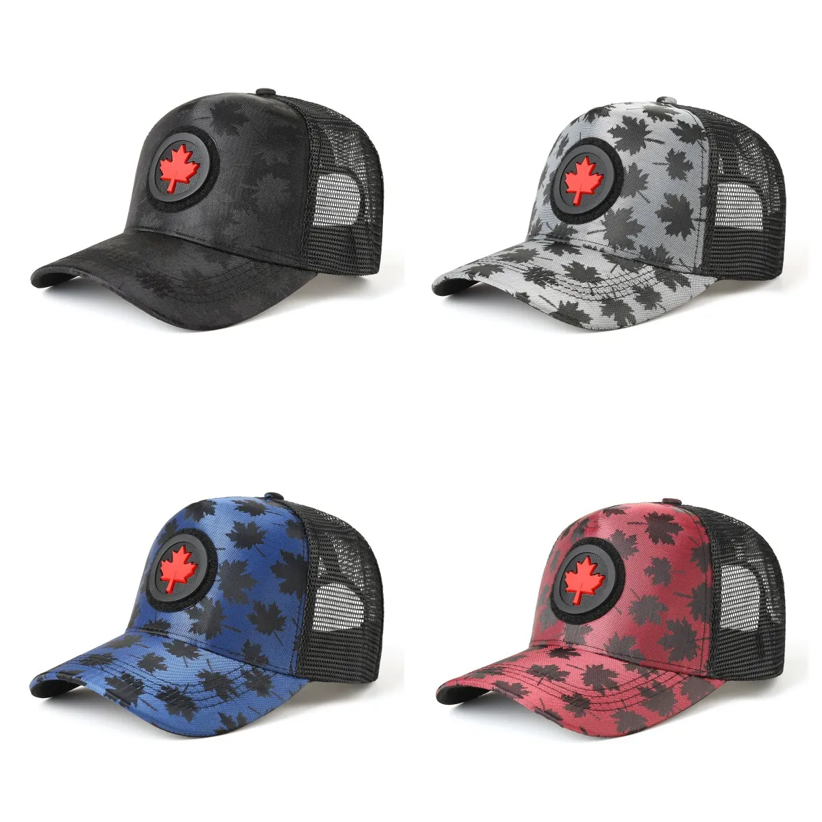 Maple Leaf Print Trucker Hat Mesh Breathable Sun Protection Adjustable Outdoor Baseball Cap For Men Women