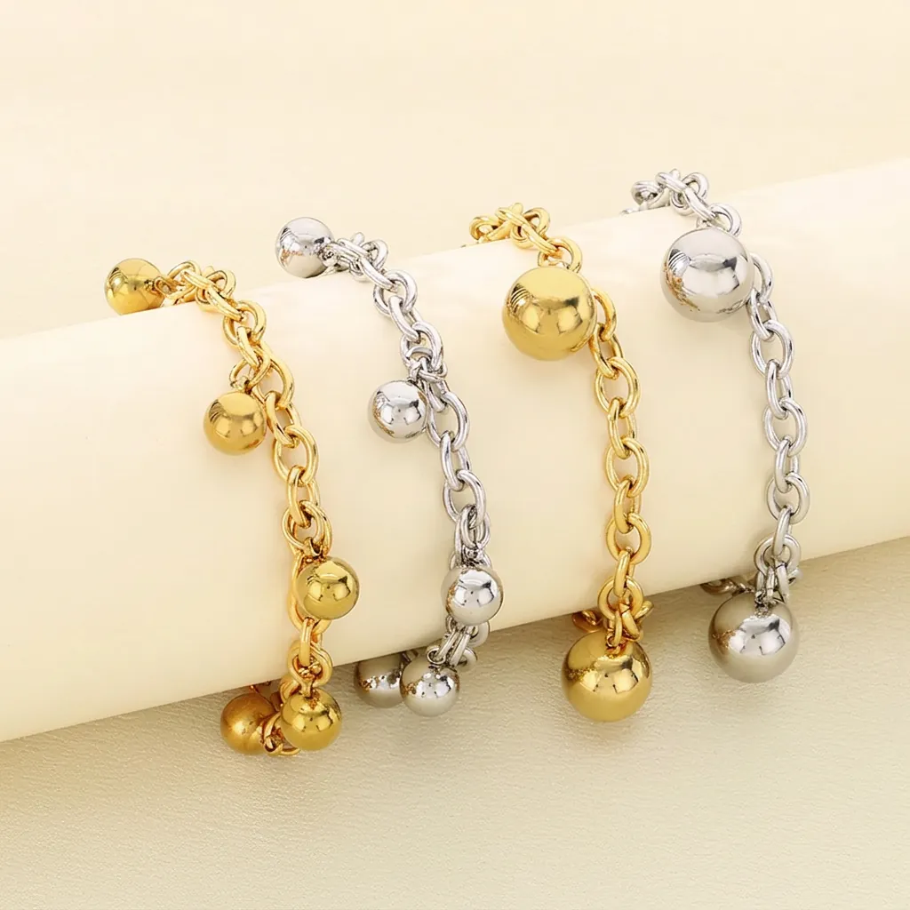 Stainless Steel Round Bead Charm Chain Bracelet 18K Gold Plated Bohemian Minimalist Niche Style For Women