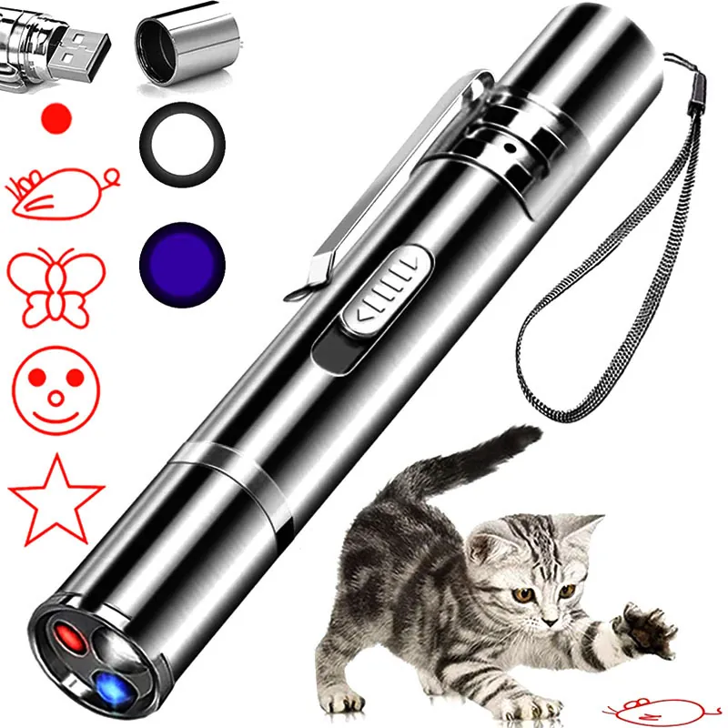 Cat Laser Toy Pointer Stainless Steel USB Rechargeable Red Pattern Projection UV Light LED Flashlight Portable Teaser