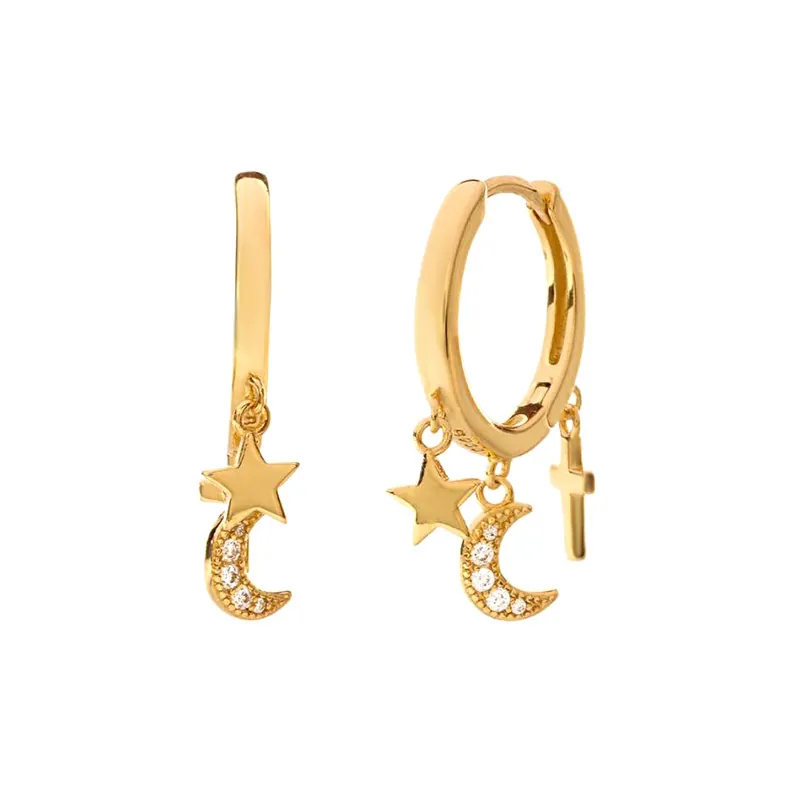 Orecchini a Cerchio in Rame Con Perno in Argento Sterling 925 Stella Luna Croce Zirconia Orecchini Pendenti Gioielli