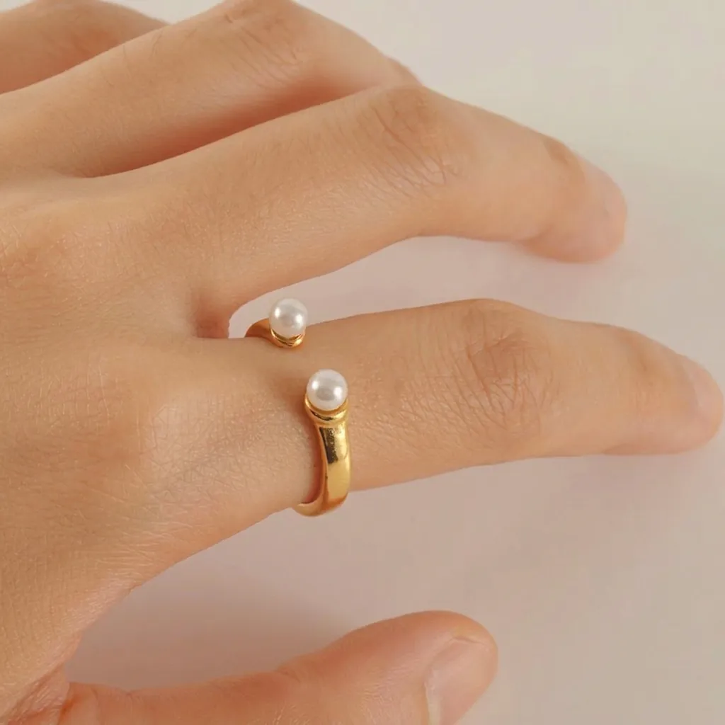 Bague Ouverte Double Künstliche Perle Pour Femmes Acier Inoxydable Plaqué Or 18K Ajustable Bijoux Élégants