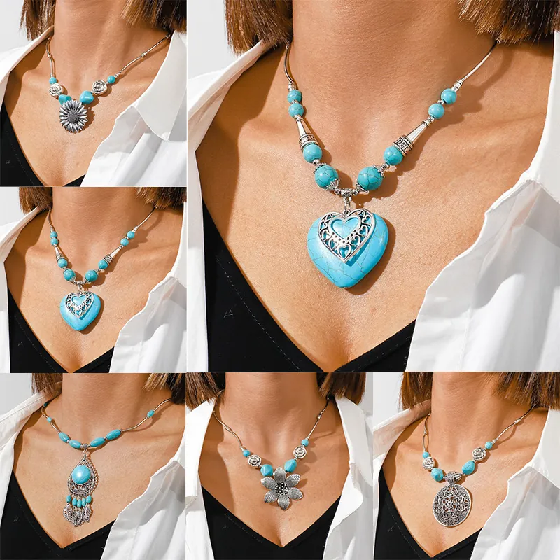 Bohemian Ethnic Turquoise Pendant Necklace Vintage Alloy Silver Tone Flower Heart Jewelry For Women