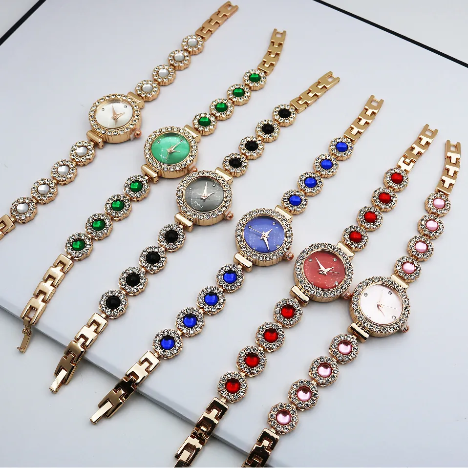 Women Quartz Watch Luxury Rhinestone Gemstone Bracelet Round Dial Jewelry Buckle Fashion Elegant Lady Timepiece