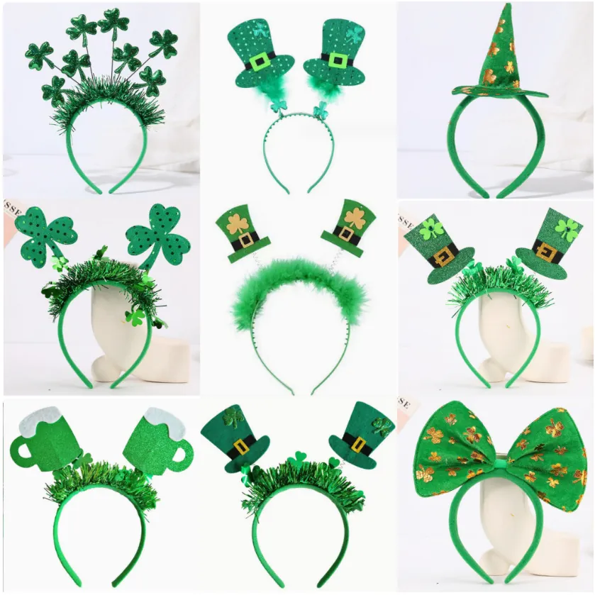 St Patricks Day Headband Shamrock Glitter Leprechaun Hat Beer Mug Green Irish Festival Party Hair Accessory Adults Kids