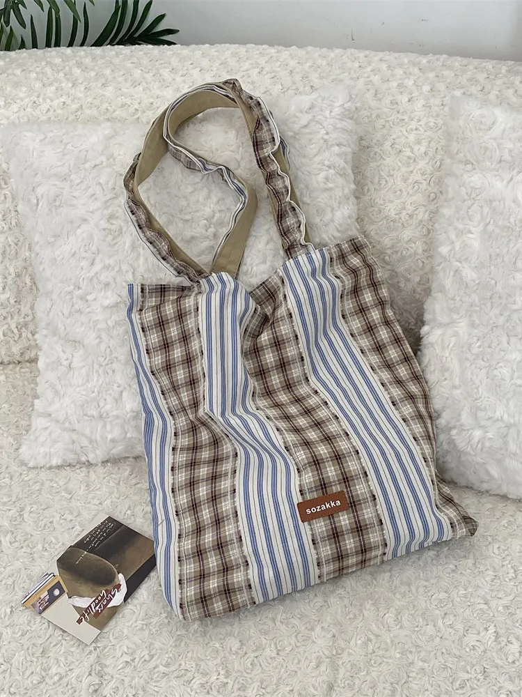 Women Patchwork Canvas Shoulder Bag Plaid Striped Large Capacity Tote With Ruffle Strap Japanese Style