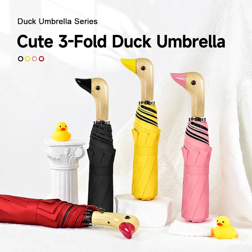 Duck Head Handle 3-Fold Umbrella Wood Manual Sun Protection Black Glue Coating Windproof Rain Gear For Women Kids