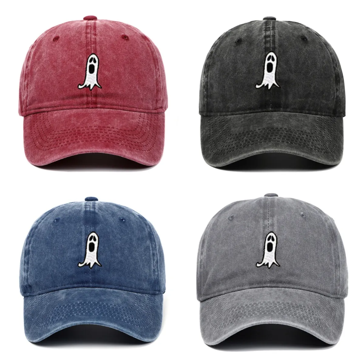 Ghost Embroidery Washed Cotton Baseball Cap Halloween Scary Scream Face Distressed Adjustable Dad Hat For Men Women
