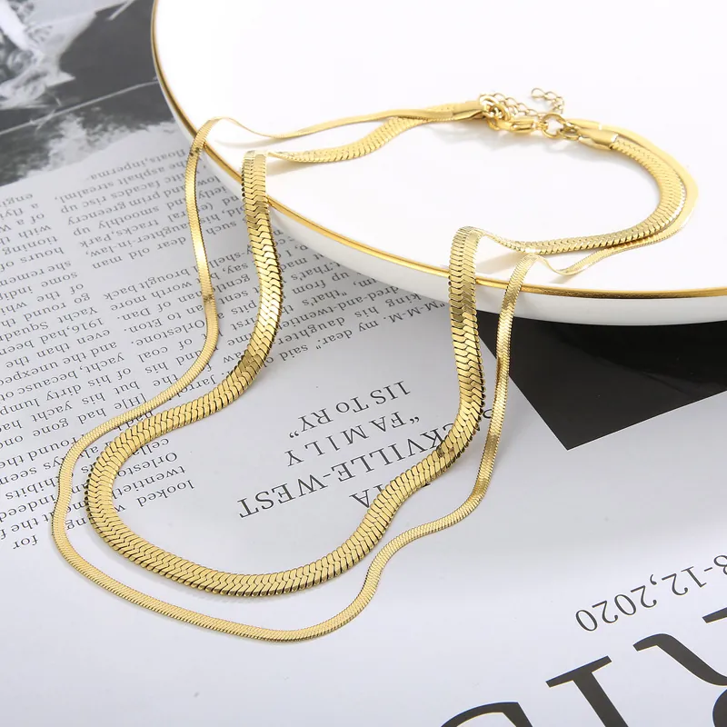 Layered Necklace 316L Stainless Steel 18K Gold Plated Flat Herringbone Snake Chain Minimalist Elegant For Women