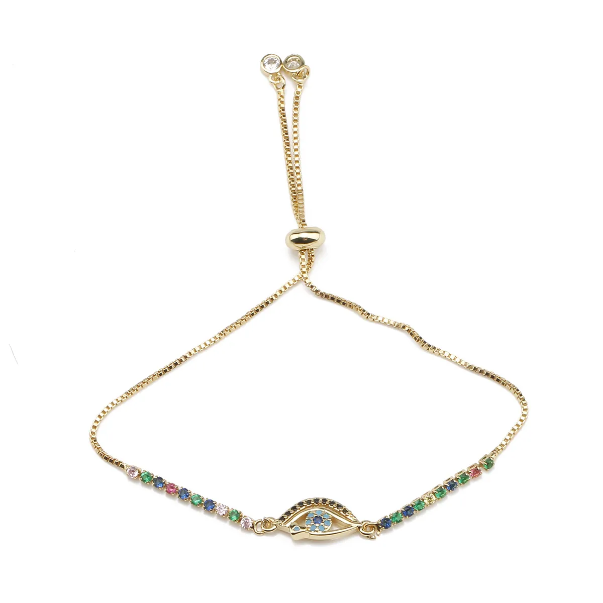 Bracelet Mauvais Œil Cuivre Zircon Incrusté Glissière Réglable Chaîne De Boîte Bijoux Pour Femmes