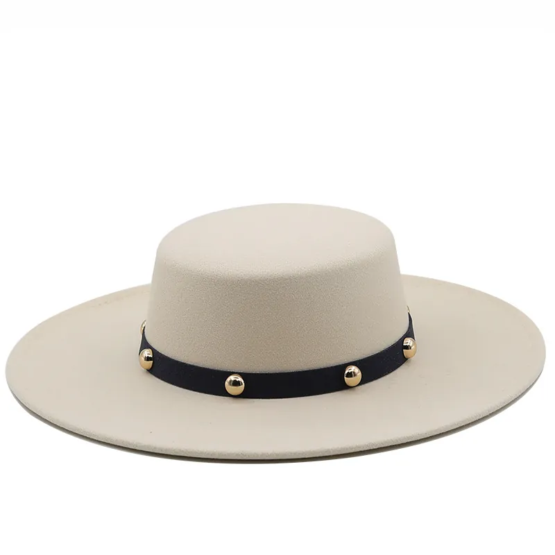 Flat Top Boater Hat Wide Brim Felt Texture Black Ribbon Gold Rivets Retro British Vintage Style For Men Women