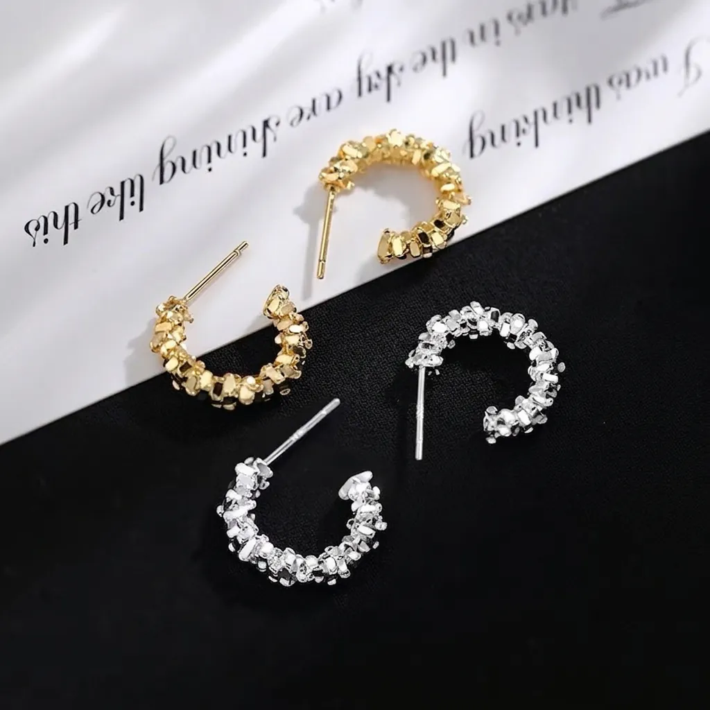 S999 Sterling Silver Post C-Shape Crushed Silver Texture Stud Earrings Rhinestone Geometric Earrings For Women Jewelry