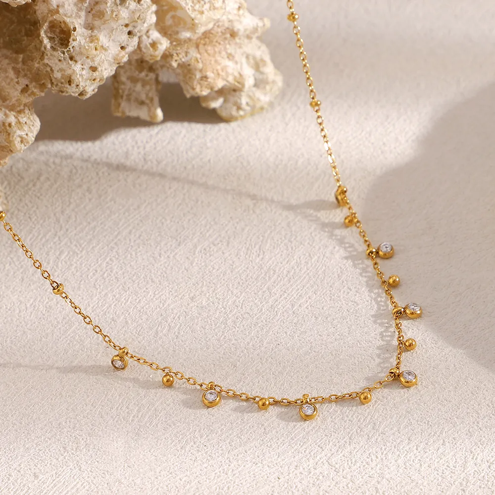 Collier Pendentif Zircon Goutte Eau Acier Inoxydable Plaqué Or Chaîne À Billes Bijoux Élégants Minimalistes Pour Femmes