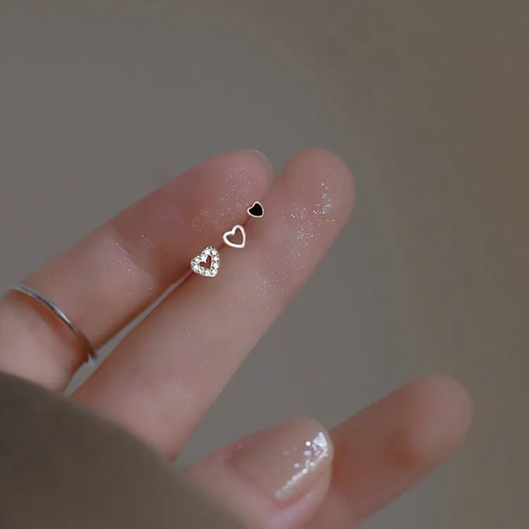 Orecchini A Lobo Cuore Argento Fino S999 Zircone Scintillante Smalto Nero Lucidato Liscio Gioielli Minimalisti Donna