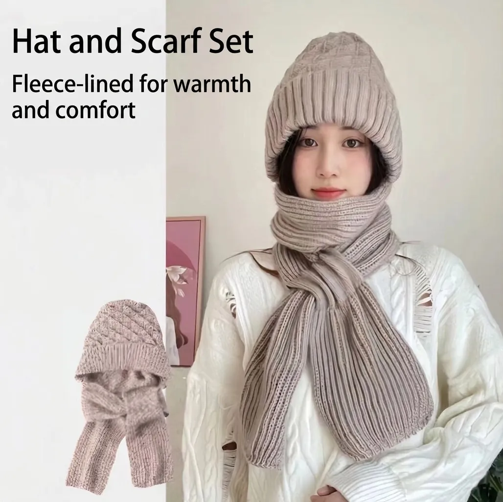 Women Winter Warm Knit Hat Scarf Set Fleece Lined Thickened Cable Knit Integrated Hooded Scarf Ear Protection Beanie Hat