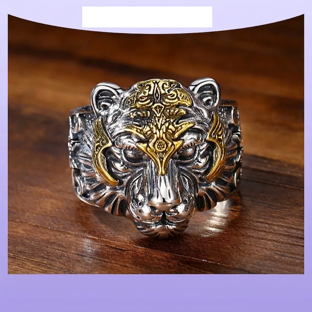 Vintage Tiger Head Ring God Eye Punk Hip Hop Style Adjustable Metal Jewelry For Men Retro Fashion Accessory Heavy Metal